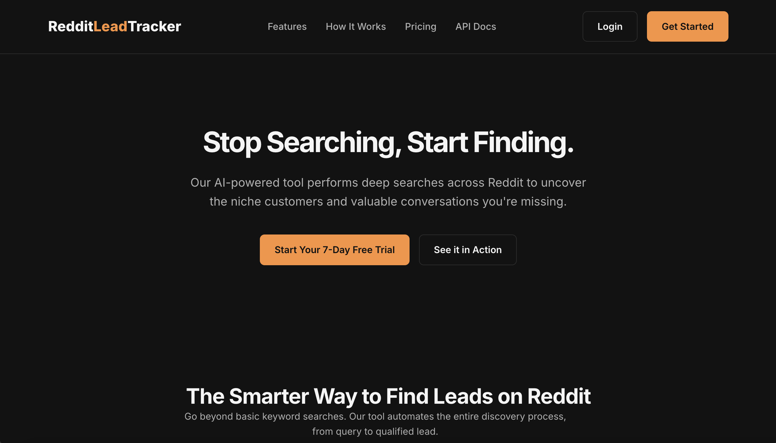 AI-generated home page for a Reddit Lead Tracker agent with hero section and CTA buttons