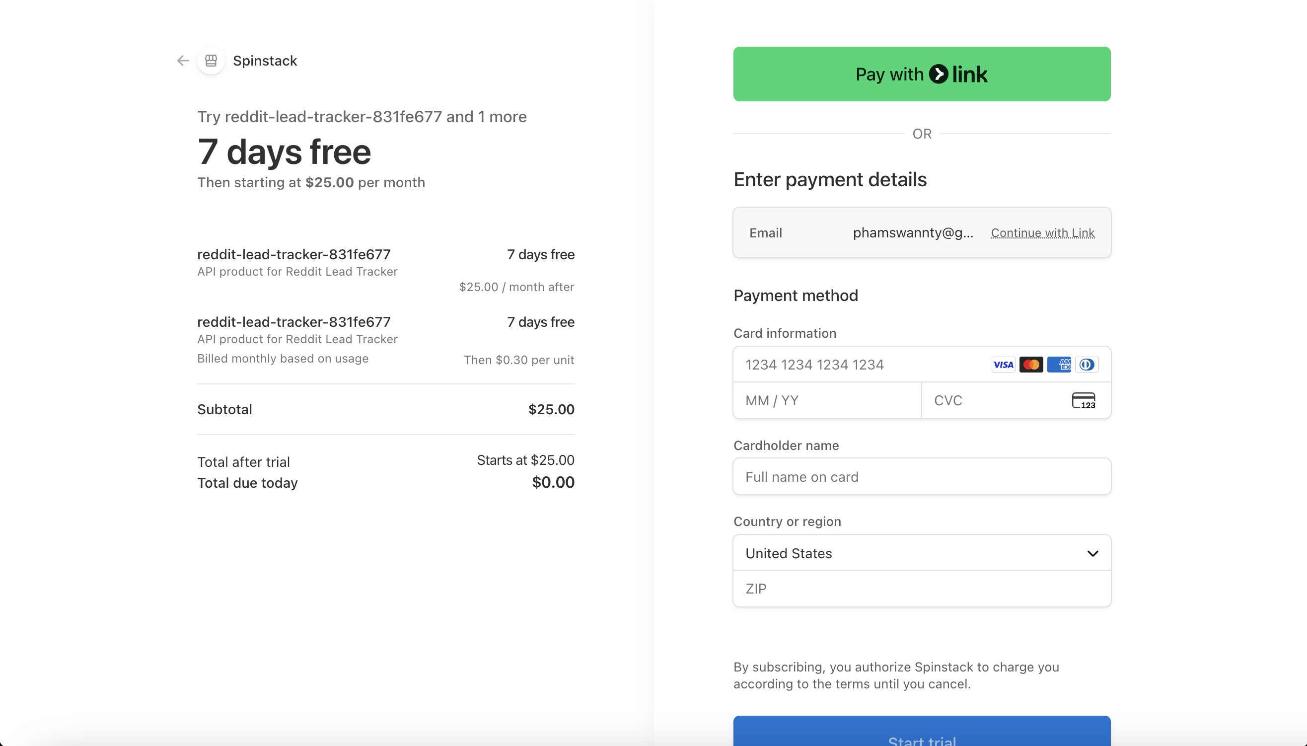 The Stripe checkout page showing a 7-day free trial before a $25/month subscription