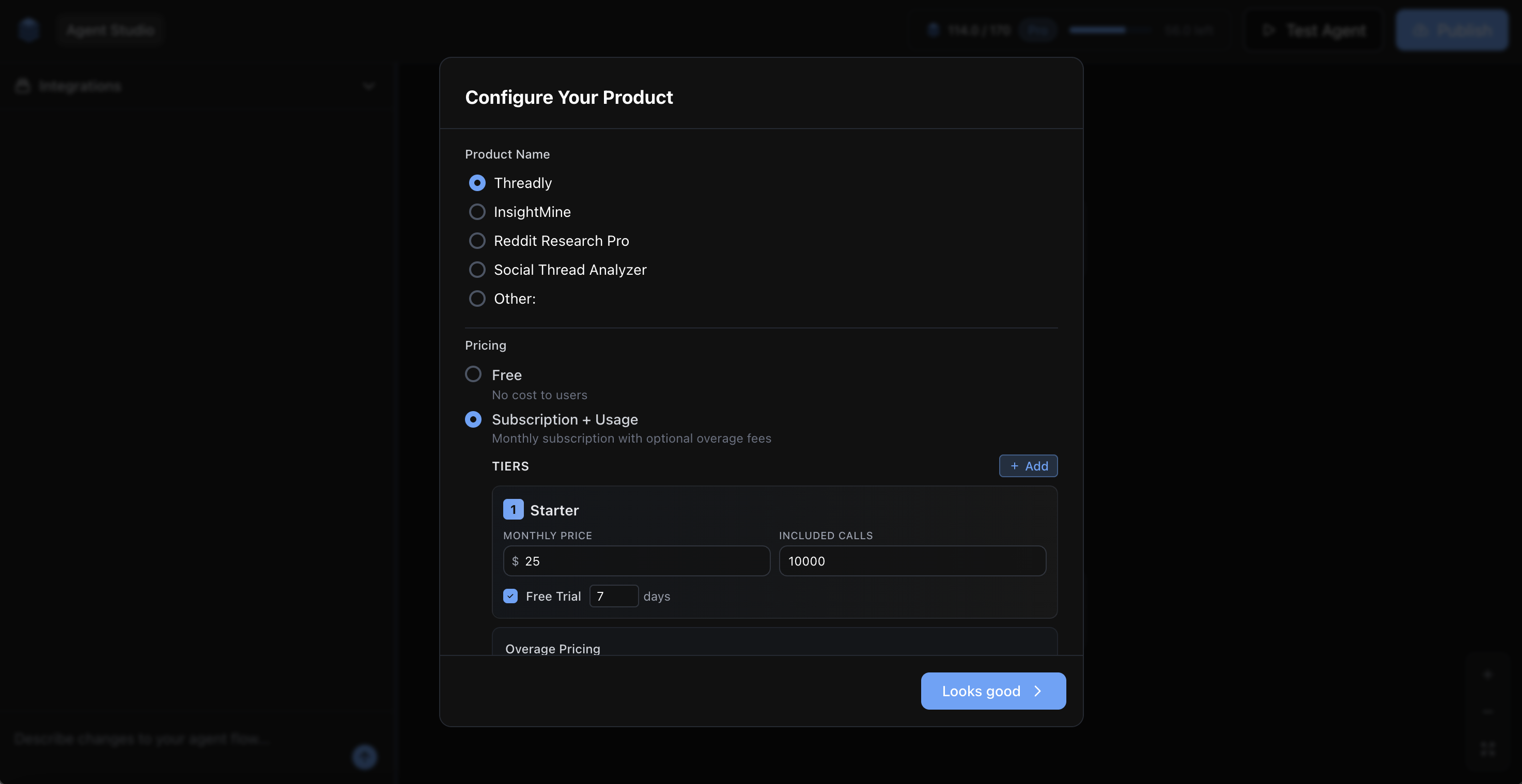The Configure Your Product modal showing name suggestions and pricing model options
